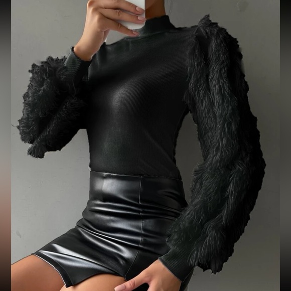 Cozy Faux Fur Fuzzy Long Puff Cuff Sleeve Mock Neck Top Blouse Shirt Black - Picture 4 of 16